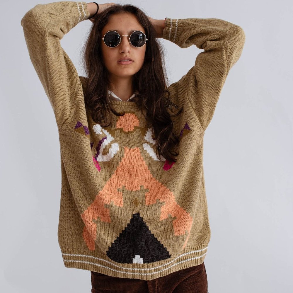 Vintage Angora Wool Sweater in Abstract Geo Print Knit M